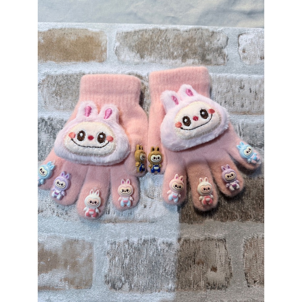 Unbranded Kids Pink Knit Gloves with 3D Plush Bunny Accents and Character Charms